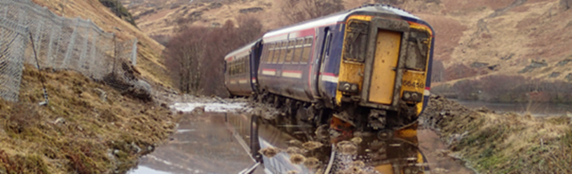 Two photographs showing a train derailed following a landslip, and a road blocked due to a landslip.