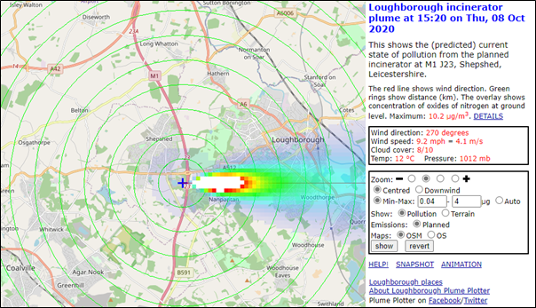 Modelled particulate matter plume from the site of the proposed Newhurst incinerator.