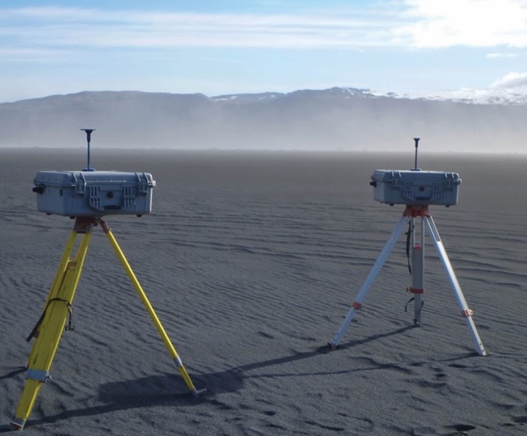 Photograph of two box dust samplers on tripods in Iceland during a active dust-blowing event