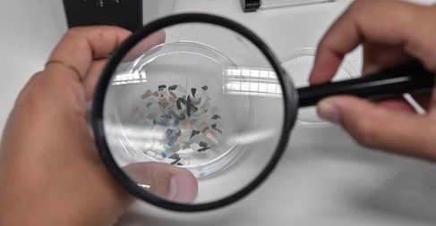 Image of microplastics being looked at through magnifying glass