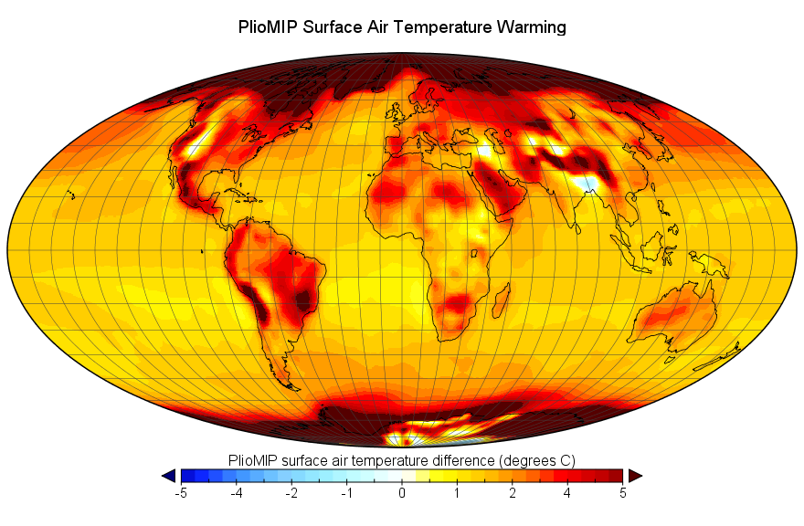 Graphic of a map of temperature difference between the Pliocene and pre-industrial, with >5 °C warming at the poles, > 1.5 °C globally