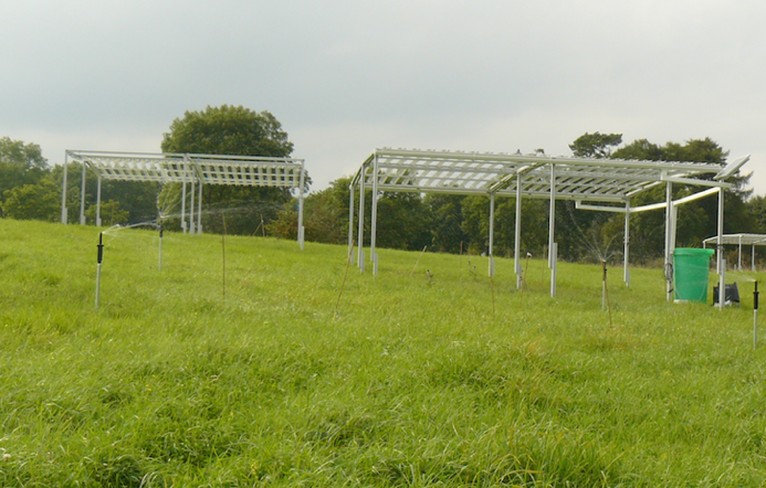 A sloping grassland with a sprinkler system in the foreground and two rain shelters behind. The rain shelters are 1-2 m high and have gutter roofing that covers half of the shelter area.