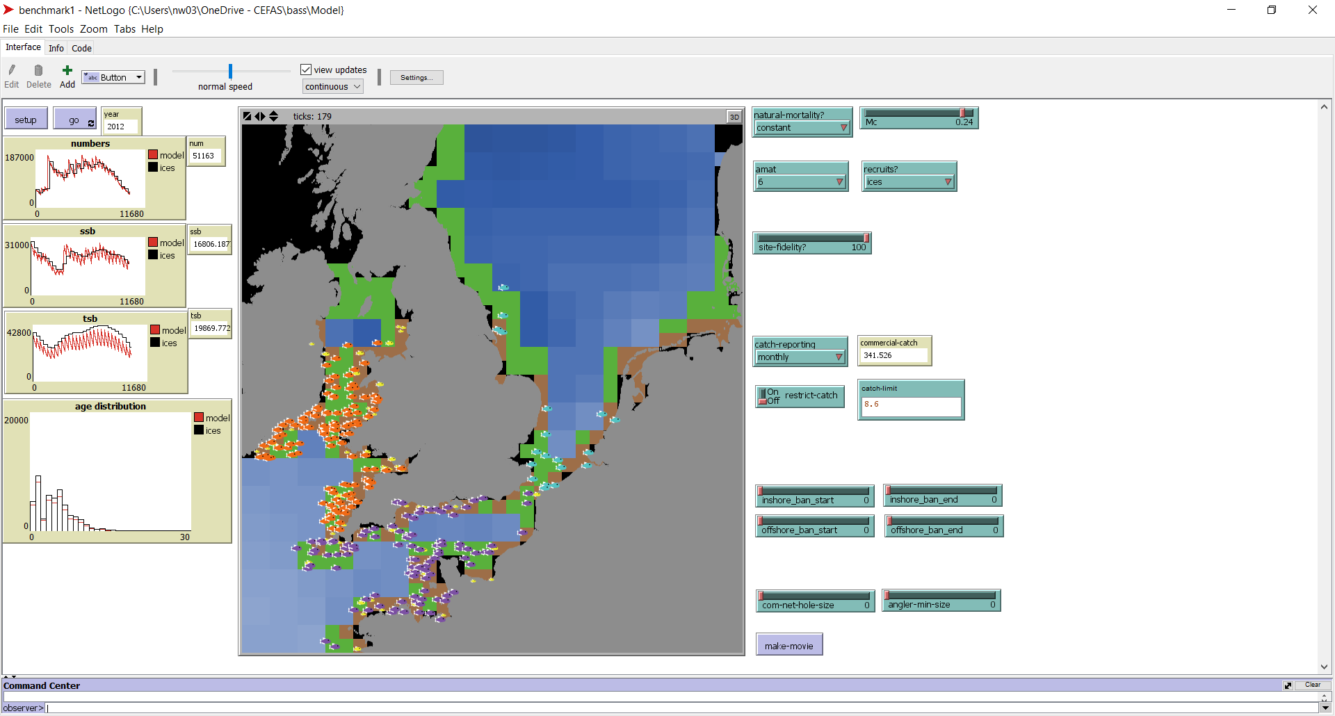 Screenshot of a spatially-explicit IBM for modelling a stock of sea bass.