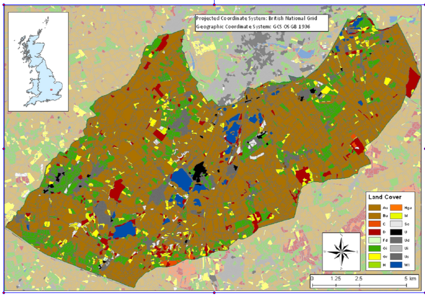 Graphic showing Broad Habitats in Marston Vale from the satellite derived Land Cover Map 2007. Different colours denote land type.