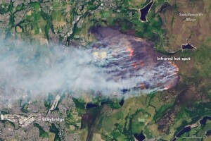 Landsat image of the Saddleworth Moor wildfire and the associated smoke plume generate across Stalybridge and into Manchester.