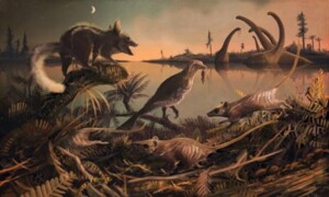 An artist’s reconstruction of the Purbeck ecosystem showing mammals, a carnivorous dinosaur, and sauropods around a lagoon.