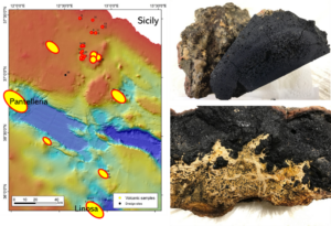 A map highlighting volcanic sites in the Sicily Channel rift and two photographs of rock samples.