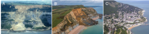 Three photographs of complex cliffs along the English coastline.