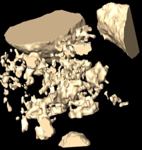Computer generated 3D illustration of pore spaces within a rock.