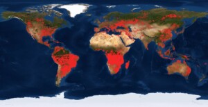 World map showing fire locations to highlight that fire affects a large area of planet, especially South America and Africa.