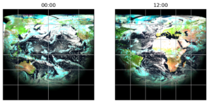 Two satellite images of the Earth, centred on the Pacific and Atlantic Oceans, as an illustration of data to be used in this project.