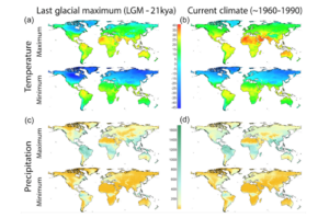The panels show colour-coded global maps of maximum and minimum values over land of temperature and precipitation for the glacial and present-day periods respectively. The distributions illustrate the complex spatial structures of these patterns, and the significant difference between past and present patterns, superimposed on the dominant latitudinal variations of the two variables.