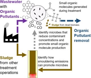A process flow diagram showing the combination of environmental technologies proposed in this research project. The diagram details how the emissions from waste smouldering can support microbial-based organic contaminant treatment and small organic molecule generation.