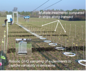 Photograph of an arable field with an experimental set-up of hoops, poles and wires, with an inset photo of a mesh cage forming part of the set-up.