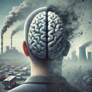 a picture of a human looking at a polluted landscape, with their brain exposed to pollutants in the air