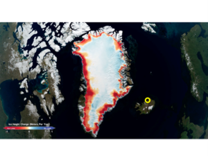 Satellite map showing the Greenland and Iceland Ice Sheets, to show the geographical area of interest of this project.