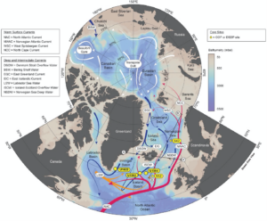 A map of the polar North Atlantic with pathways of warm northward surface and cold southward deep-water currents and location of study site.