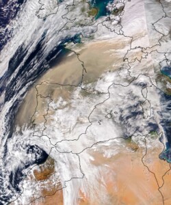 Satellite image of a plume of Saharan dust blown over western Europe on 15 Mar 2022. Image by Joshua Stevens, using VIIRS data, for the NASA Earth Observatory.