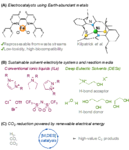 A scientific figure showing chemical structures relevant for electrocatalysts, solvent-electrolyte systems, and CO2 reduction powered by renewable electrical energy.