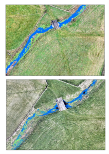 The figure gives two examples of mapping an intermittent stream using a drone with optical and thermal infrared cameras. The top map shows the river when it was wet, the bottom map shows the same river three months later when it was drier. One can see how river habitat is lost when intermittent rivers start to dry out.