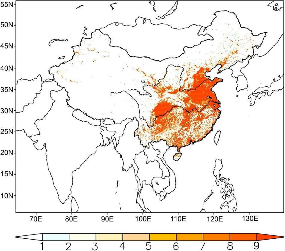 A map of East Asia displaying the distribution of a variable—likely population density or a demographic factor—using a color gradient from light yellow (value 1) to dark orange (value 9). The map includes China, Mongolia, parts of Russia, India, and Southeast Asia, with the highest concentrations shown in eastern China.