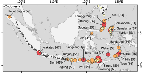 A detailed map of Indonesia displaying the locations and eruption frequencies of various volcanoes. Volcanoes are marked with triangles and circles of different sizes and colors, ranging from yellow to red, indicating varying levels of volcanic activity. Each volcano is labeled with its name and a number in brackets representing its eruption frequency. Notable volcanoes include Peuet Sague, Krakatau, Rinjani, Ijen, Agung, Karangetang, Soputan, Gamkonora, Gamalama, Wetar, Batu Tara, Sirung, and Iliwerung.