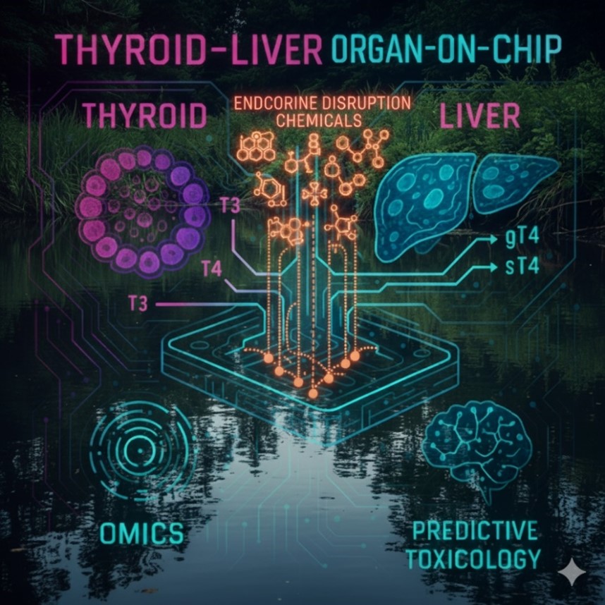 This cyberpunk-inspired illustration depicts a cutting-edge thyroid–liver organ-on-chip platform, designed to emulate the complex interplay of hormone production, metabolism, and clearance. The central glowing microfluidic chip serves as the core of this system. On the left, the thyroid module showcases its follicular architecture and the synthesis of thyroid hormones (T3, T4). Conversely, the liver module on the right illustrates the metabolic conversion of thyroid hormones into glucuronidated and sulfated thyroxine (gT4, sT4). Endocrine-disrupting chemicals (EDCs), represented by icons and clearly labelled in the upper middle, are directed to the chips to assess their impact. The lower left icon highlights the application of omics technologies (e.g., transcriptomics, metabolomics, proteomics) to characterize the molecular profiles, while the lower right icon signifies the application of predictive AI-based modelling to predict the human health outcome. The entire setup is overlaid on a serene environmental background of water, emphasizing the real-world context of chemical exposure and its potential effects. Collectively, this figure symbolizes a next-generation human-relevant platform for the mechanistic assessment of thyroid disruption and next-generation environmental chemical risk assessment.