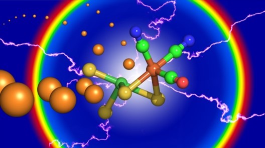 An image showing hypothetical hydrogen production using a nickel iron hydrogenase catalyst. The catalytic centre of the hydrogenase has a nickel and iron ion coordinated in a ‘diamond’ shape by sulphur atoms in a geometry similar to the mineral pentlandite.
