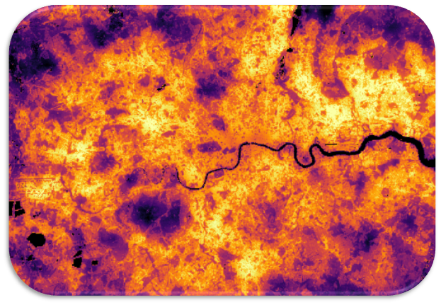 Heat map of a city showing temperature or density variations: yellow and orange indicate higher values, while purple and black show lower ones. A winding river runs horizontally across the center, providing geographical context.