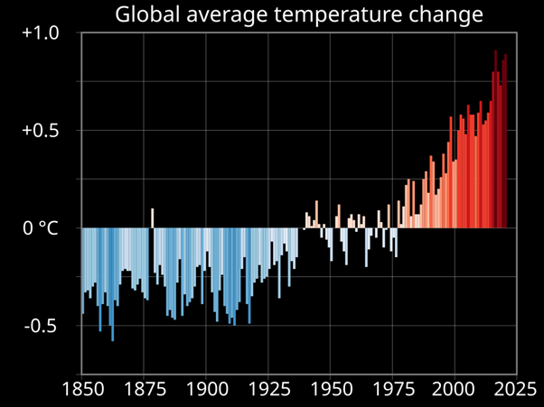 A bar chart showing global average temperature change. It has risen almost 1 degree C since the 1950s.