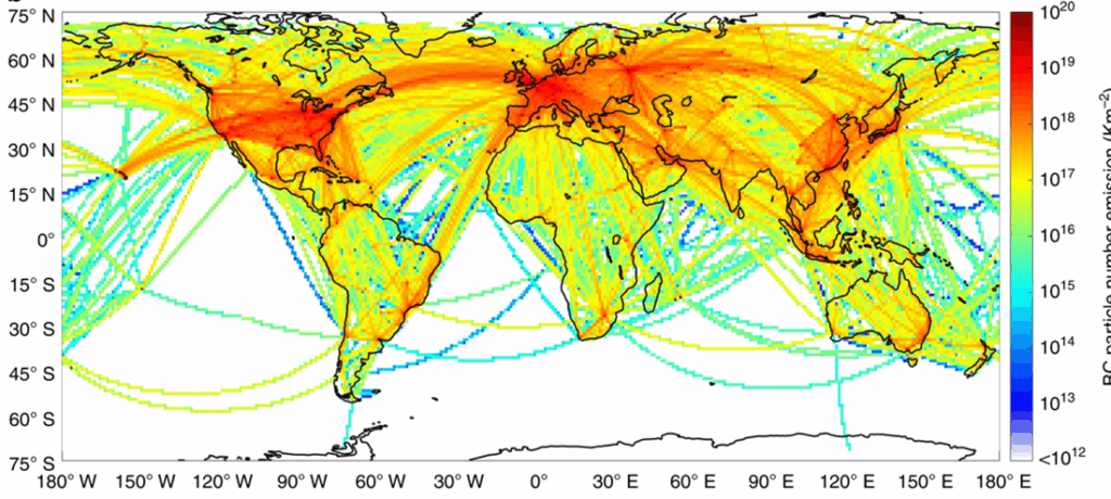 Global map showing black carbon particle emissions from aviation, with high concentrations along major flight corridors.