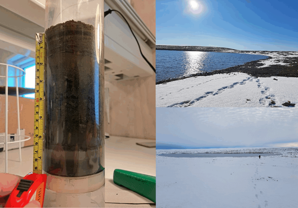Two images of a lake in a snow-covered landscape. Image 3 shows a well laminated sediment core. August 2024 at Station Nord, NE Greenland (81.5N).