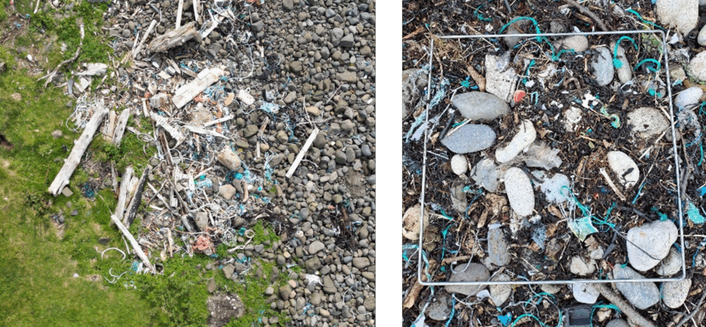 Example drone (left) and mobile phone (right) imagery of heavily-littered beaches on the Isle of Skye, Scotland.