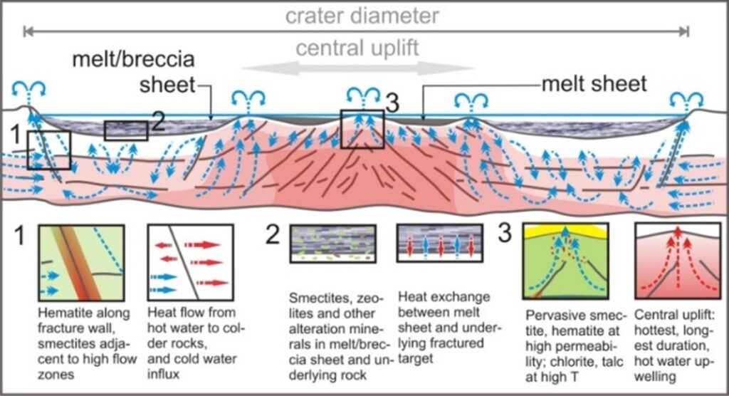 A picture of a cross-section of an idealized impact crater depicting its rim and central uplift. In the crater subsurface temperature dependent water flow along fractures and associated mineralization due to hot-rock water interactions are depicted alongside temperature zones.