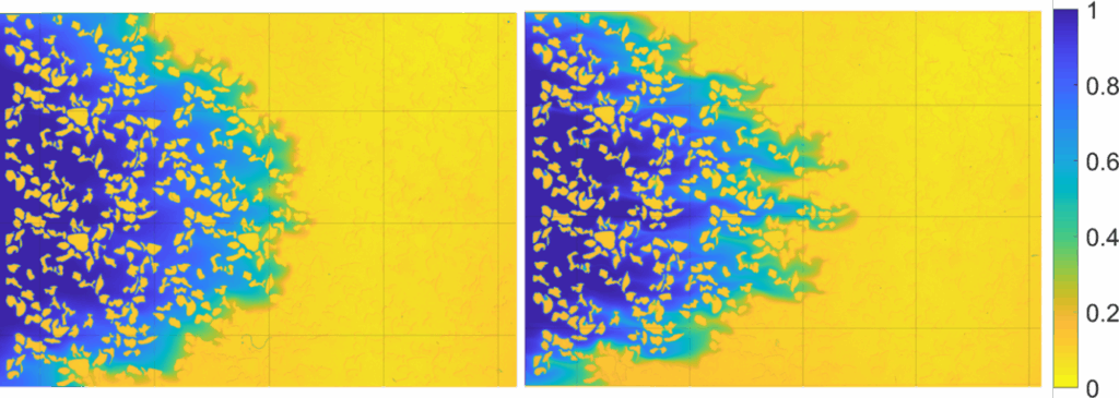 Two heat maps side by side show variable distribution across a grid. The left map features more blue and green areas, indicating lower values, while the right map shows more yellow, indicating higher values. A color bar ranges from 0 (blue) to 1 (yellow).