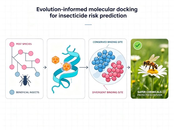 Infographic titled “Evolution-informed molecular docking for insecticide risk prediction.” The graphic shows a four-step workflow: (1) a diagram comparing pest species (pink circles) and beneficial insects (blue circles) connected on a branching evolutionary tree; (2) a blue ribbon-like protein structure with orange chemical molecules representing an insecticide docking to a target protein; (3) a binding-site comparison showing a conserved binding site (blue spheres) and a divergent binding site (pink spheres); and (4) a photo of a honeybee on a white flower with a green checkmark and the text “Safer Chemicals, Protected Ecosystem.” Arrows connect each stage, illustrating the use of evolutionary information and molecular docking to develop insecticides that target pests while reducing risks to beneficial insects.