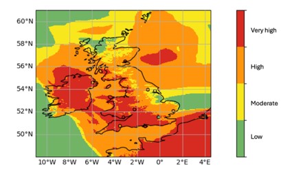Map of the United Kingdom showing the daily pollen index from the Met Office NAME model for 14 June 2023. The colour scale indicates pollen levels, ranging from green (low) through yellow (moderate), orange (high), and red (very high). Large areas of England, Wales, and Northern Ireland show high to very high pollen levels, while parts of northern Scotland display lower levels. Circles mark the official UK pollen monitoring sites, with local observations overlaid on the model output. There is largely good correspondence between the local measurements and the NAME model outputs.