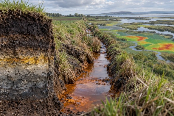 Photograph of a peatland with an exposed soil profile in the foreground, showing distinct layers of dark peat and lighter sediment. A drainage ditch containing orange-brown water runs through the landscape toward coastal wetlands and shallow water bodies in the background. A coloured overlay on the wetland surface highlights spatial variation in environmental conditions across the site.