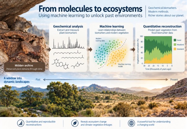 Infographic showing machine learning analysis of hyrax midden geochemical biomarkers to reconstruct past environments