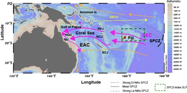 Bathymetric map of southwest Pacific Ocean shows seafloor depth, and circulation features around the Coral Sea Fiji and Australia. Proposed responses to El Nino are shown