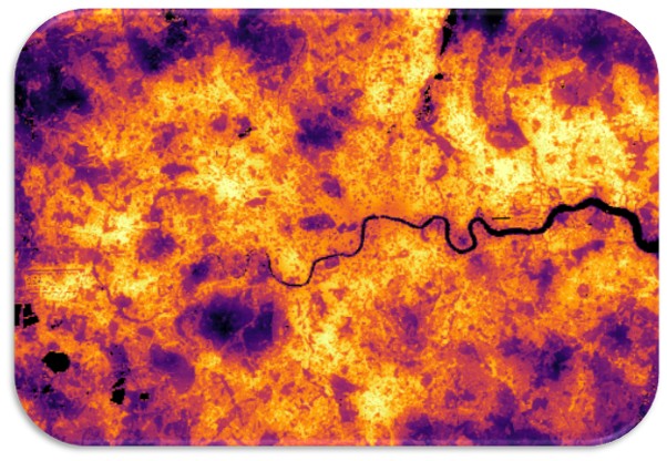 Land Surface Temperature (LST) view of London, UK, on 30 July 2024 from the Sentinel-3A mission.