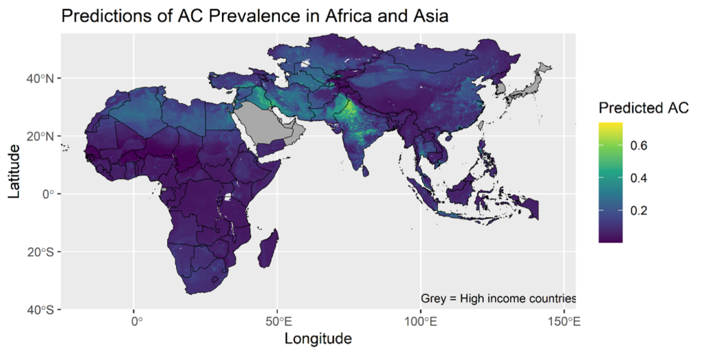 Map of Africa and Asia showing predicted prevalence of AC, with colours ranging from low (purple) to high (yellow). Higher predicted prevalence is concentrated in parts of South Asia, including northern India, while most of Africa and East Asia show lower predicted values. High-income countries are shaded grey.
