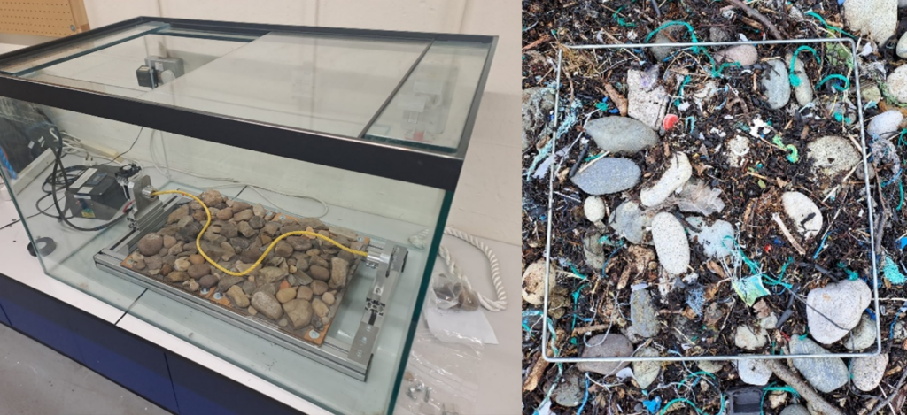 A panel figure showing an experimental rig to simulate beach litter degradation and a high density of degraded litter on a cobbled beach.