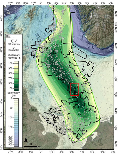 A map of the North Sea Basin showing thick sediments in the centre and the target of the expedition in the thickest part.