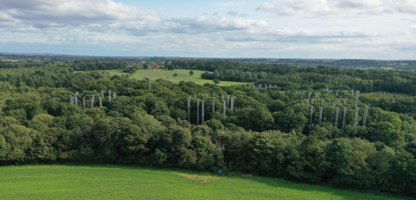 An image a mature woodland in a rural setting with circular mast arrays extending up through the canopy to demonstrate the scale of the FACE experiment.