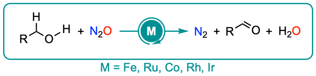 Remediation of nitrous oxide by transfer hydrogenation into dinitrogen and water.