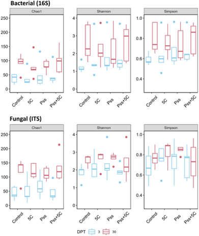 Six boxplots comparing bacterial (16S) and fungal (ITS) alpha diversity across four treatments and two DPT levels (3 and 30). Diversity is measured using Chao1 richness, Shannon diversity, and Simpson diversity indices. Bacterial richness and diversity generally vary among treatments, while fungal diversity shows more modest differences. Points represent individual samples and boxes show the distribution of values within each group.