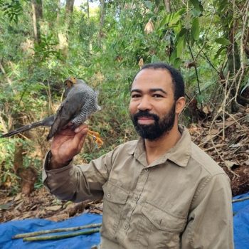 A photograph of a man holding a hawk upon his hand in a woodland setting.